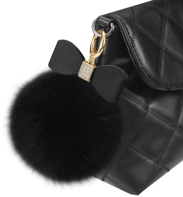 Alt view image 3 of 7 - Reiko REIKO PHONE HOLDER/ FINGER LOOP GRIP WITH RHINESTONE SOFT PUFFY FUR BALL IN BLACK