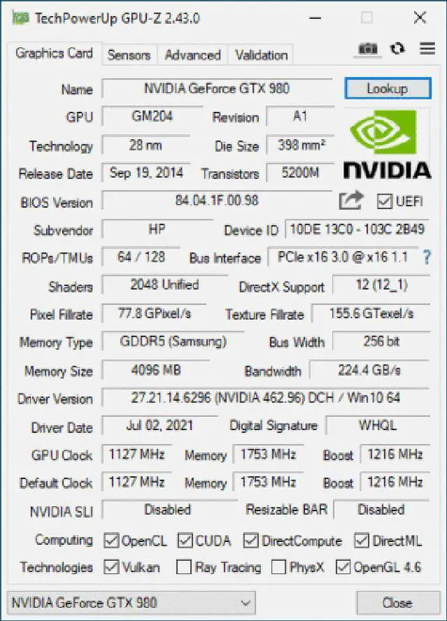 Alt view image 5 of 5 - NVIDIA GeForce GTX 980 4GB GDDR5 PCI Express 3.0 Graphics Card (900-1G401-0300)
