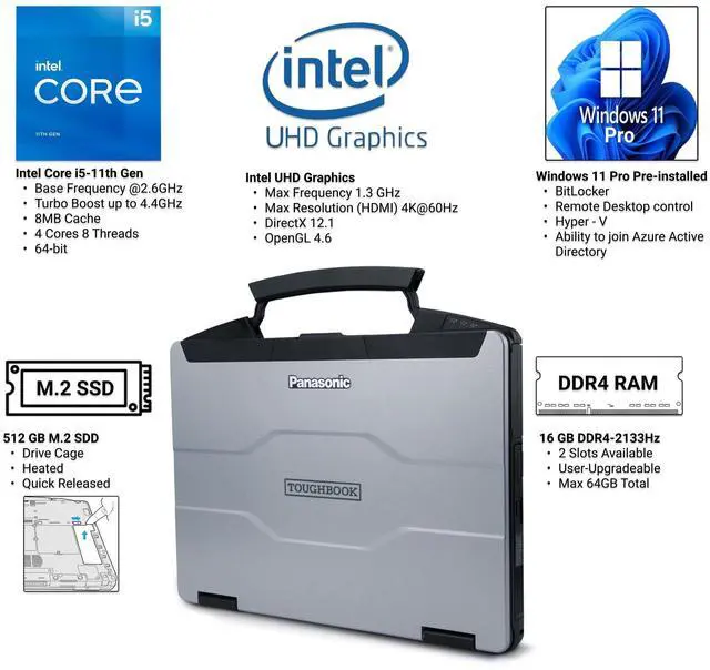 Alt view image 4 of 6 - Panasonic Toughbook 55, FZ-55 MK2, Rugged Laptop, Intel Core i5-11th Gen, 4.4GHz, 14-inch FHD, Multi-Touch Display, 16GB RAM, 512GB SSD, Wi-Fi 6, Infrared Webcam, Intel UHD Graphics, Windows 11 Pro