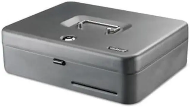 Main image of MMF Industries 2216194GC2 Tiered Tray Cash Box with Calculator, 11-13/16" x 3-3/16" x 9-7/16" - Gray