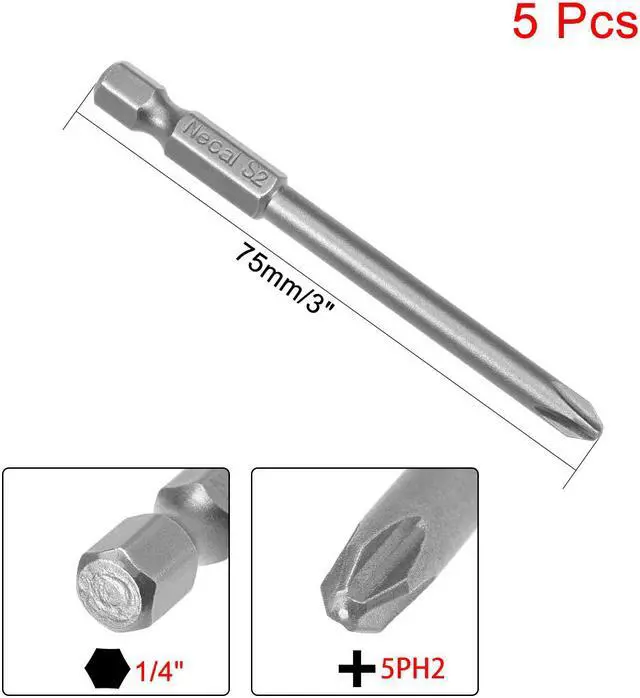 Alt view image 2 of 4 - 5Pcs 1/4-Inch Hex Shank 75mm Length Phillips 5PH2 Magnetic Screw Driver S2 Screwdriver Bits