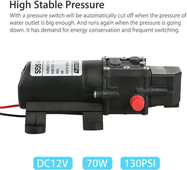 Alt view image 3 of 6 - 12V Water Pump 130PSI Self Priming Pump Diaphragm High Pressure Automc Switch