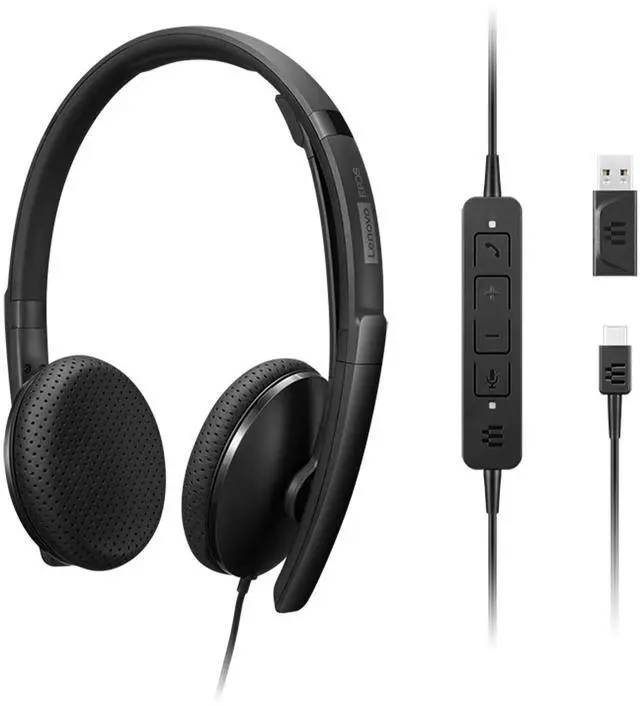 Alt view image 9 of 16 - Lenovo Wired VoIP Headset (UC) - Stereo - USB Type C - Wired - 2.2 Kilo Ohm - 20 Hz - 20 kHz - On-ear, Over-the-head - Binaural - Supra-aural - 5.86 ft Cable - Noise Cancelling Microphone - Black