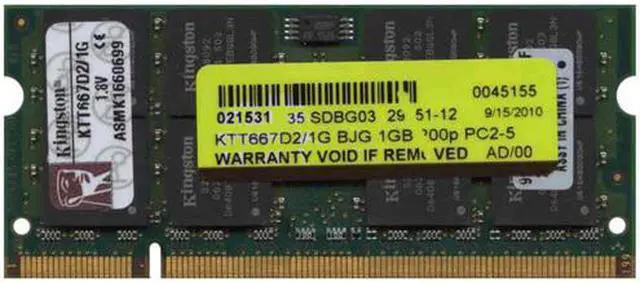 Main image of Kingston KTT667D2/1G BJG 1GB 200p PC2-5300 CL5 16c 64x8 DDR2-667 2Rx8 SODIMM RFB