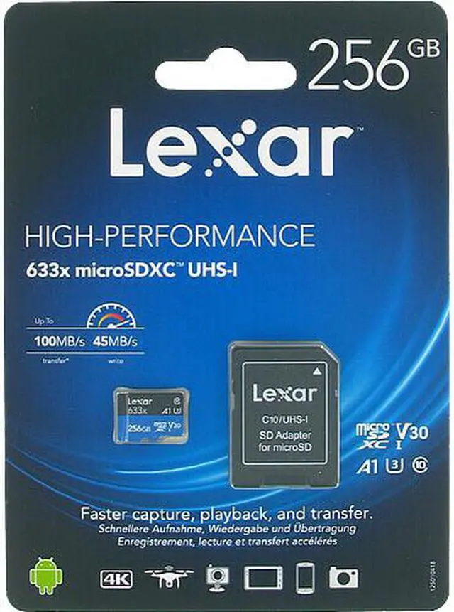 Alt view image 3 of 10 - Lexar LSDMI256BB633A DJT 256GB 8pin microSDXC r100MB/s w45MB/s C10 U3 V30 A1 UHS-I Lexar microSDXC Memory Card w/ Adapter