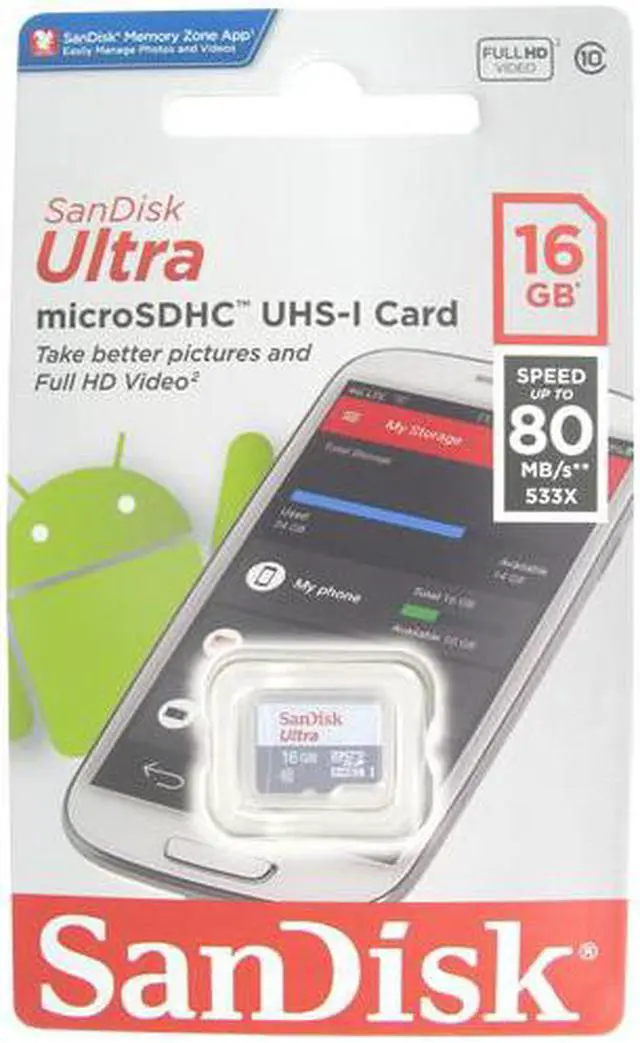 Alt view image 3 of 13 - SanDisk Ultra SDSQUNS-016G-GN3MN 16GB 80MB/s UHS-I Class 10 microSDHC Card