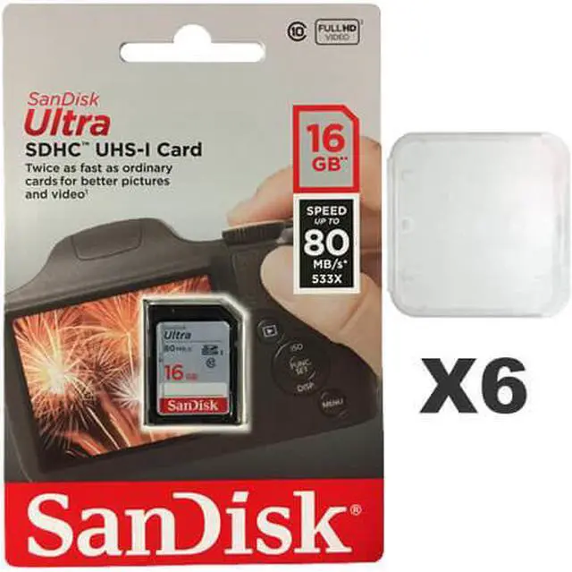 Main image of SanDisk 16GB Ultra SDHC Class 10 UHS-I 80MB/s SD Camera Card SDSDUNC-016GB (6 Pack) with  Plastic Cases