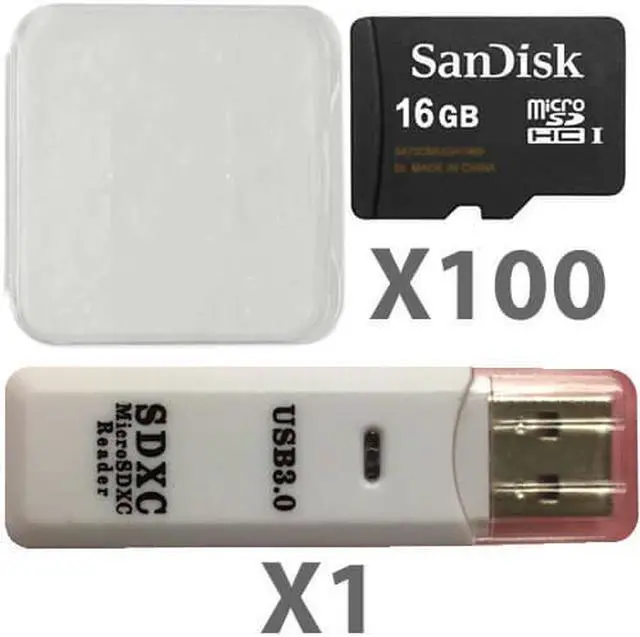 Main image of SanDisk 16GB microSDHC Class 4 SDSDQAB-016G Memory Card (100 Pack) with Plastic Cases and 1 Reader