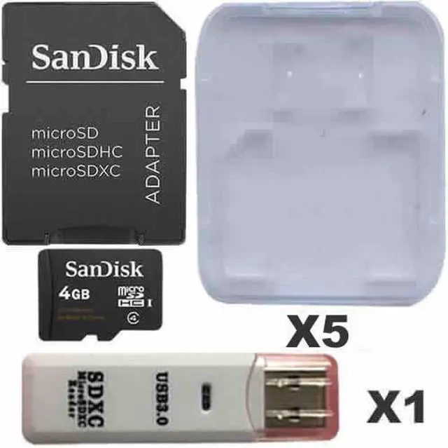 Main image of SanDisk Kit of Qty 5 x Sandisk 4GB mSDHC SDSDQAB-004G Card with SD Adapters, Plastic Cases and 1 USB Reader