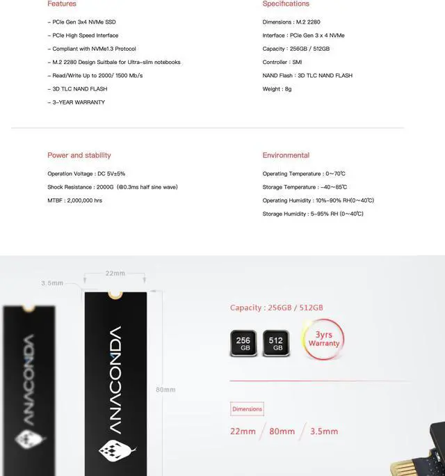 Alt view image 5 of 5 - ANACOMDA i2 1TB M.2 PCIe Gen3x4 NVMe 1.3 3D TLC NAND FLASH Internal Solid State Drive (SSD)