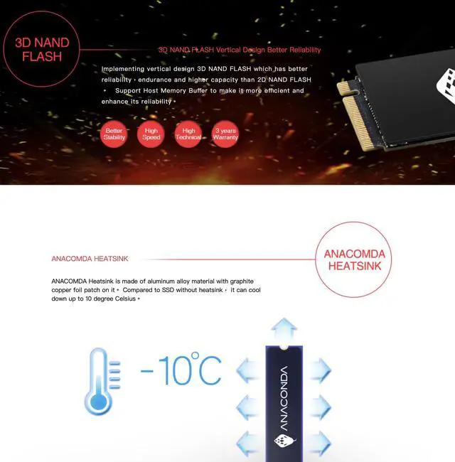 Alt view image 3 of 5 - ANACOMDA i2 1TB M.2 PCIe Gen3x4 NVMe 1.3 3D TLC NAND FLASH Internal Solid State Drive (SSD)
