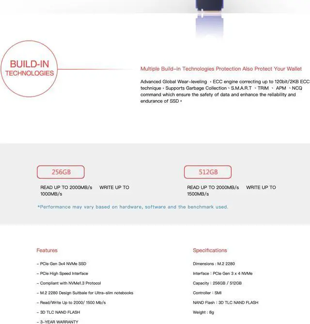 Alt view image 4 of 6 - ANACOMDA i2 512GB M.2 PCIe Gen3x4 NVMe 1.3 3D TLC NAND FLASH Internal Solid State Drive. Internal SSD Read Speed up to 2000MB/s Write Speed Up to 1500MB/s. Made in TAIWAN