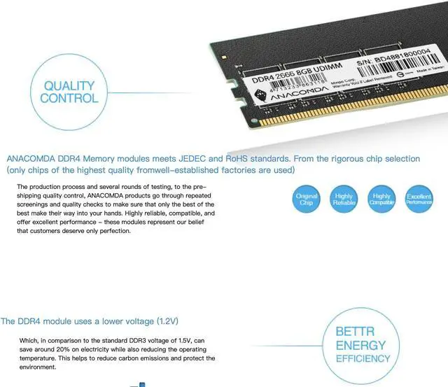 Alt view image 4 of 6 - ANACOMDA Standard UDIMM DDR4 288-Pin PC RAM 2666MHz CL19 16GB Desktop Memory Model. Made in TAIWAN