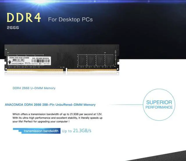 Alt view image 3 of 6 - ANACOMDA Standard UDIMM DDR4 288-Pin PC RAM 2666MHz CL19 16GB Desktop Memory Model. Made in TAIWAN