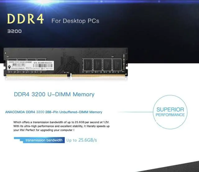Alt view image 2 of 5 - ANACOMDA Standard UDIMM DDR4 288-Pin PC RAM Memory 3200MHz(PC4 25600) CL22 16GB Desktop Memory Model. Made in TAIWAN