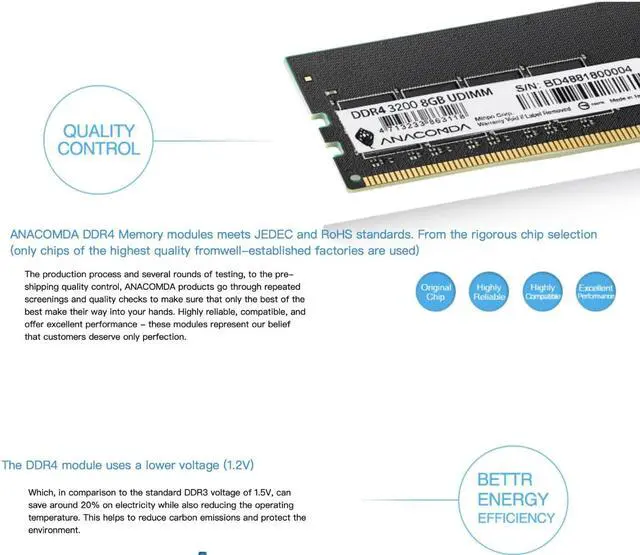 Alt view image 3 of 5 - ANACOMDA Standard UDIMM DDR4 288-Pin PC RAM Memory 3200MHz(PC4 25600) CL22 16GB Desktop Memory Model. Made in TAIWAN