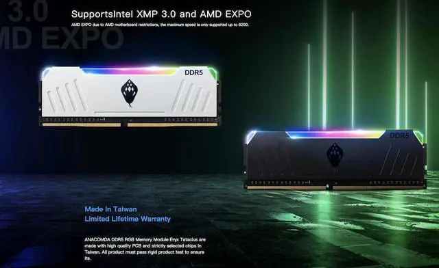 Alt view image 6 of 7 - ANACOMDA ET RGB DDR5 288-Pin PC RAM Memory 7200MHz(PC5 57600) CL34 32GB (16GBX2) UDIMM (White) with Heatsink Desktop Memory Model. Made in TAIWAN