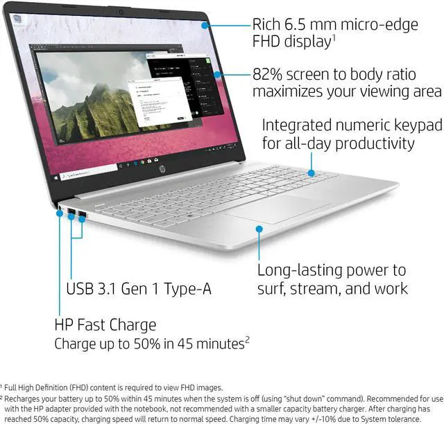 Alt view image 3 of 7 - HP 15-Inch FHD Laptop, 10th Gen Intel Core i5-1035G1, 8 GB RAM, 256 GB Solid-State Drive, Windows 10 Home (15-dy1036nr, Natural Silver) (2Z289UA#ABA)