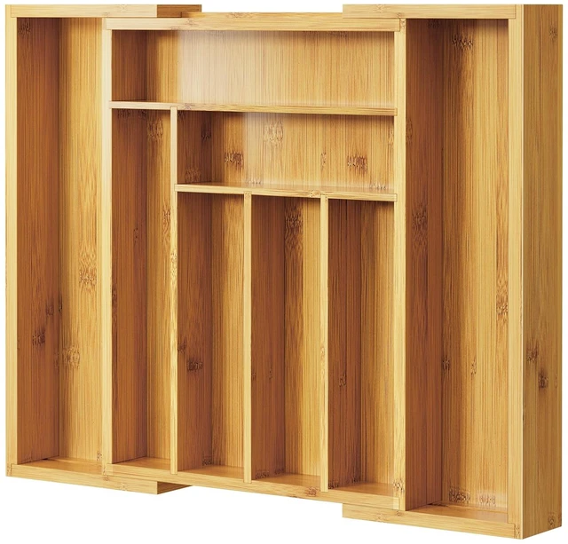 Main image of Bamboo Expandable Silverware Drawer Organizer, Adjustable Kitchen Utensil Tray for Forks, Spoons and Knives, Wood Storage Cutlery Holder for Bedroom and Living Room