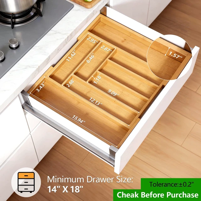Alt view image 2 of 7 - Bamboo Expandable Silverware Drawer Organizer, Adjustable Kitchen Utensil Tray for Forks, Spoons and Knives, Wood Storage Cutlery Holder for Bedroom and Living Room