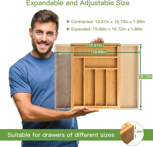 Alt view image 3 of 7 - Bamboo Expandable Silverware Drawer Organizer, Adjustable Kitchen Utensil Tray for Forks, Spoons and Knives, Wood Storage Cutlery Holder for Bedroom and Living Room