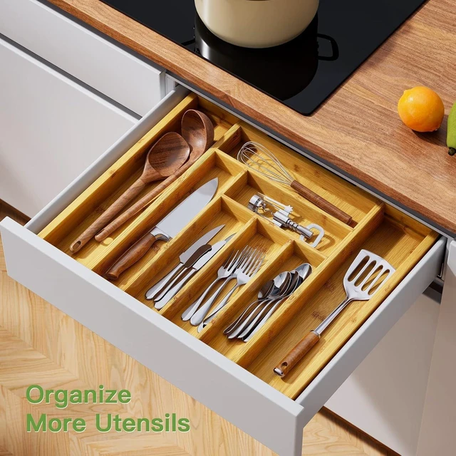 Alt view image 4 of 7 - Bamboo Expandable Silverware Drawer Organizer, Adjustable Kitchen Utensil Tray for Forks, Spoons and Knives, Wood Storage Cutlery Holder for Bedroom and Living Room