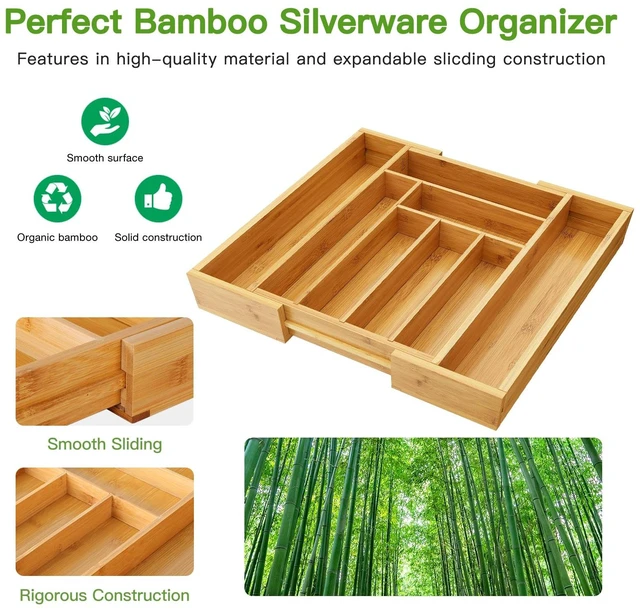 Alt view image 5 of 7 - Bamboo Expandable Silverware Drawer Organizer, Adjustable Kitchen Utensil Tray for Forks, Spoons and Knives, Wood Storage Cutlery Holder for Bedroom and Living Room