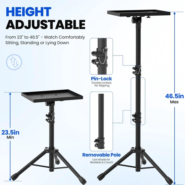 Alt view image 4 of 7 - DECOSIS Projector Stand Tripod Laptop Stands Height Adjustable | from 23.5" to 46.5" with Gooseneck Phone Holder, Floor for Office, Home, Stage, Studio, Outdoor, DJ Racks Holder Mount