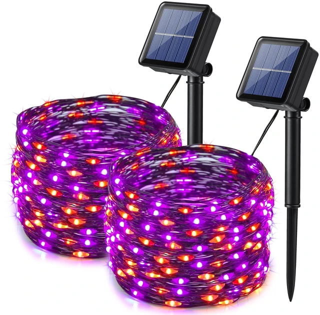 Main image of Lomotech Orange Purple Halloween Solar Lights, 2 Pack Total 66ft 200 LED | Solar Fairy Lights, Waterproof Outdoor Twinkle Lights with 8 Modes for Garden, Porch, Trees, Halloween Decor (Black Wire)