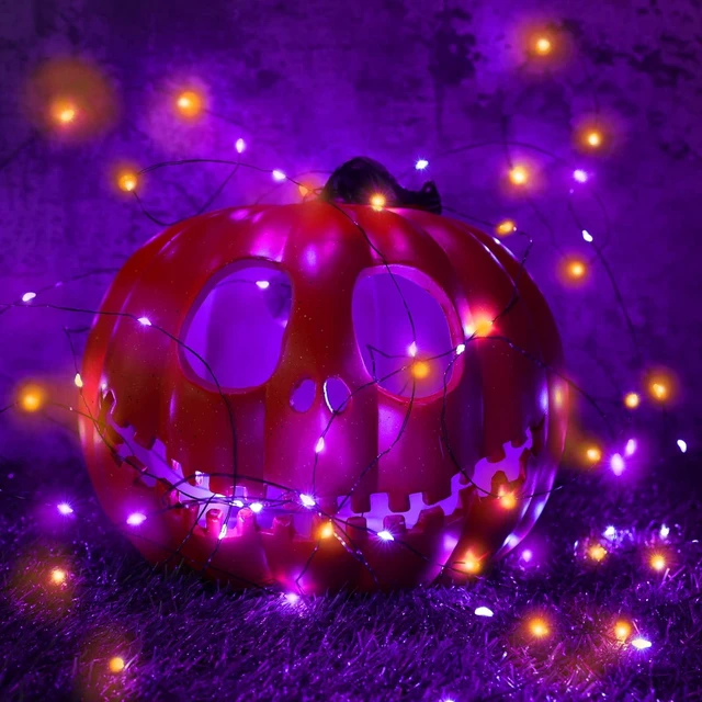 Alt view image 4 of 7 - Lomotech Orange Purple Halloween Solar Lights, 2 Pack Total 66ft 200 LED | Solar Fairy Lights, Waterproof Outdoor Twinkle Lights with 8 Modes for Garden, Porch, Trees, Halloween Decor (Black Wire)