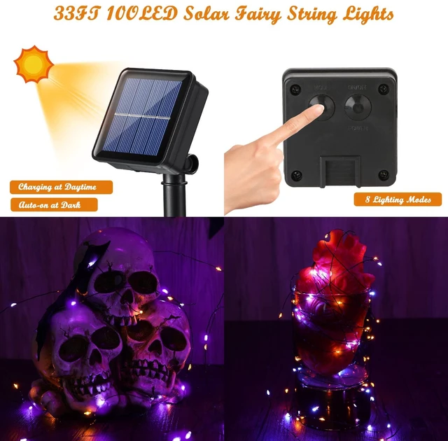 Alt view image 6 of 7 - Lomotech Orange Purple Halloween Solar Lights, 2 Pack Total 66ft 200 LED | Solar Fairy Lights, Waterproof Outdoor Twinkle Lights with 8 Modes for Garden, Porch, Trees, Halloween Decor (Black Wire)