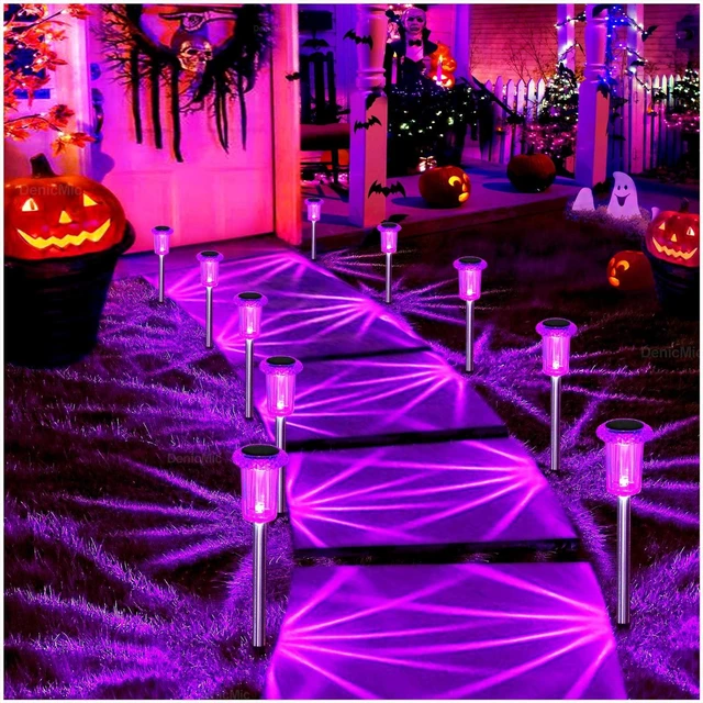 Main image of DenicMic Solar Halloween Lights Outdoor Waterproof 10 Pack Halloween Decor | Stake Lights for Yard Pathway Garden Patio Lawn Walkway Driveway, Auto On/Off Purple LED Halloween Decorations Outdoor