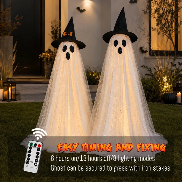 Alt view image 4 of 7 - 2Packs Halloween Decorations Outdoor,Halloweens Party Decoration Indoor,59in Spooky Ghost with Remote Control String Lights,Halloween-Ghost Lights for Porches Yards Gardens Lawn
