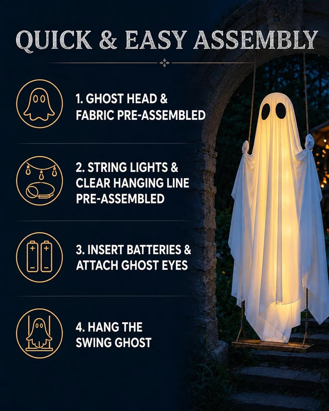 Alt view image 3 of 7 - MERKYO Halloween Decorations Outdoor - 5 FT Large Hanging Swing Ghost Halloween Decor with String Lights, Spooky Cute Ghosts Decorations for Front Porch Yard Tree