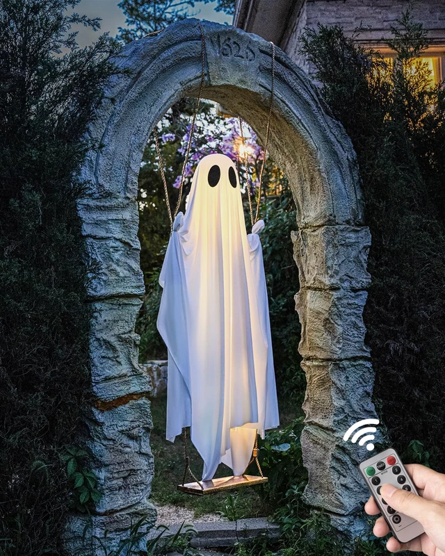 Alt view image 4 of 7 - MERKYO Halloween Decorations Outdoor - 5 FT Large Hanging Swing Ghost Halloween Decor with String Lights, Spooky Cute Ghosts Decorations for Front Porch Yard Tree
