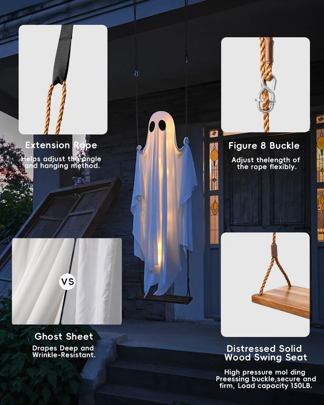Alt view image 6 of 7 - MERKYO Halloween Decorations Outdoor - 5 FT Large Hanging Swing Ghost Halloween Decor with String Lights, Spooky Cute Ghosts Decorations for Front Porch Yard Tree