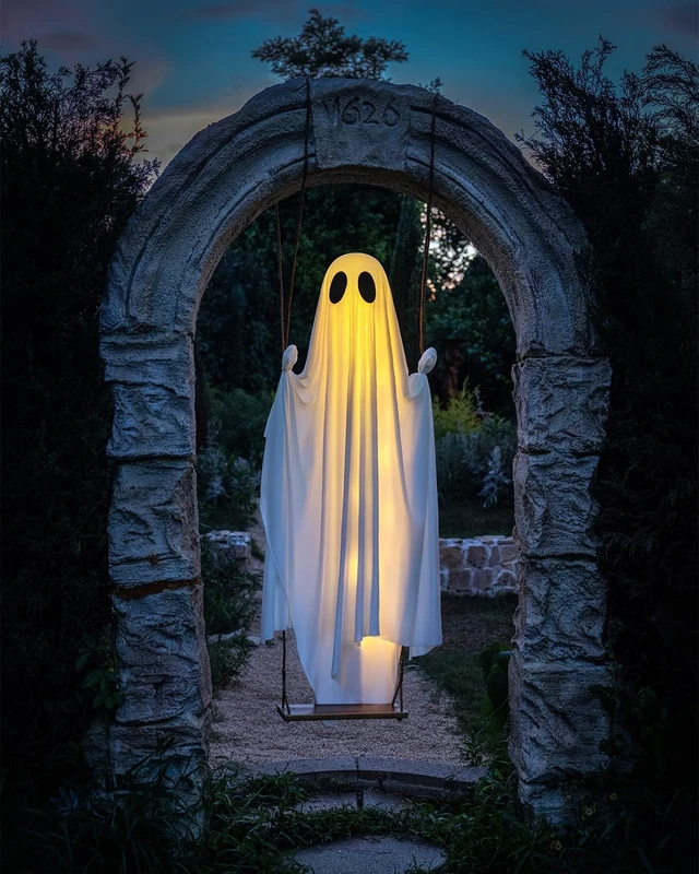 Alt view image 5 of 7 - MERKYO Halloween Decorations Outdoor - 5 FT Large Hanging Swing Ghost Halloween Decor with String Lights, Spooky Cute Ghosts Decorations for Front Porch Yard Tree