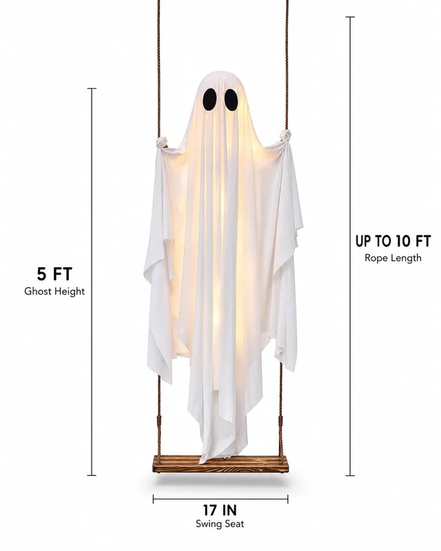 Alt view image 7 of 7 - MERKYO Halloween Decorations Outdoor - 5 FT Large Hanging Swing Ghost Halloween Decor with String Lights, Spooky Cute Ghosts Decorations for Front Porch Yard Tree