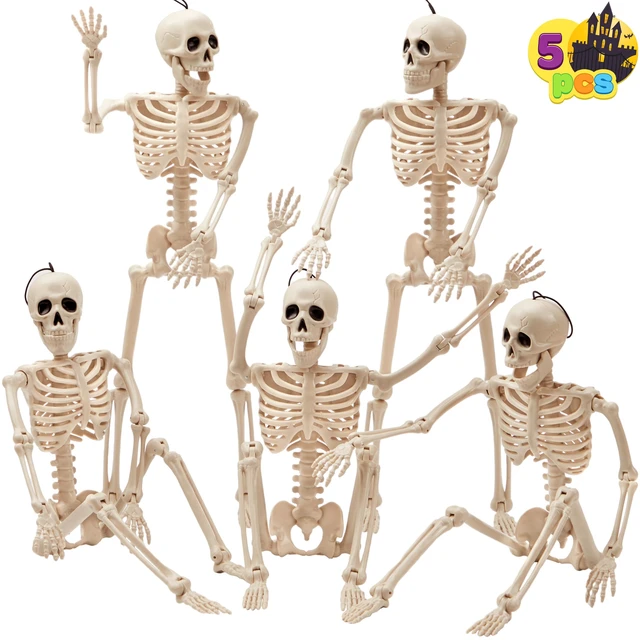 Alt view image 2 of 7 - 5 PCS Posable Halloween Skeleton Decor 16 Inches, Full Body Posable Joints Hanging Skeletons for Halloween Decorations, Graveyard Props, Haunted House Accessories, Spooky Scene Party Favors