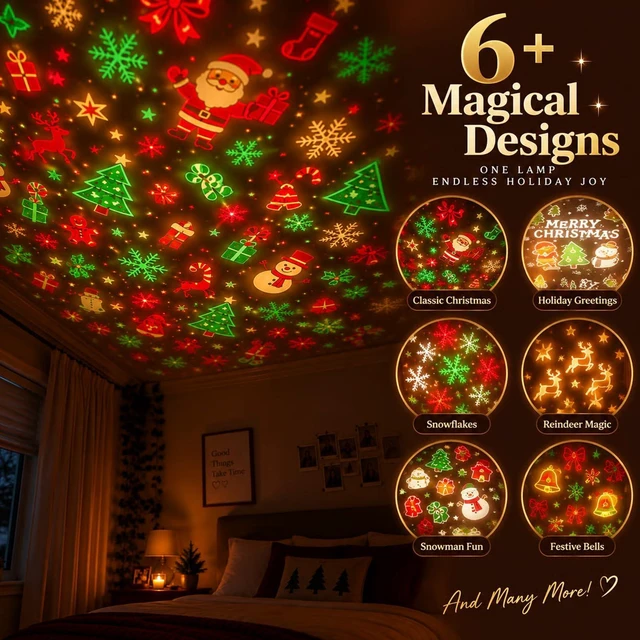 Alt view image 6 of 6 - Christmas Projector Light, Plug and Play HD Christmas Projector, USB Powered Christmas Night Light with 6+ Holiday Patterns, Flexible Tree Lamp for Bedroom, Ceiling, Desk & Holiday Decor