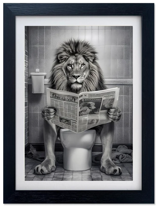 Main image of Bathroom Wall Decor Black and White Lion in Toilet Picture Print Funny Bathroom Wall Art Animal Artwork
