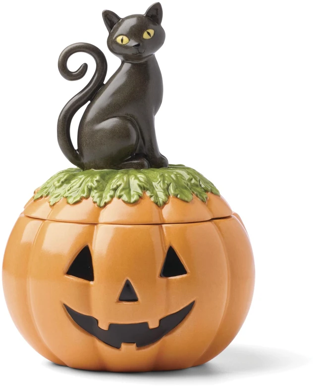 Main image of Lenox Haunted Halloween Gothic Candy Jar | porcelain, 26oz storage, hand wash only | black cat and pumpkin design | gothic halloween kitchen decor