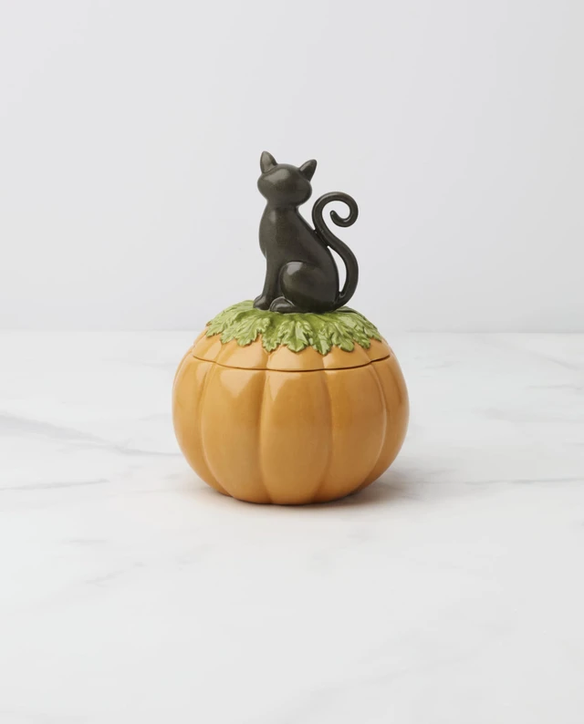 Alt view image 4 of 6 - Lenox Haunted Halloween Gothic Candy Jar | porcelain, 26oz storage, hand wash only | black cat and pumpkin design | gothic halloween kitchen decor