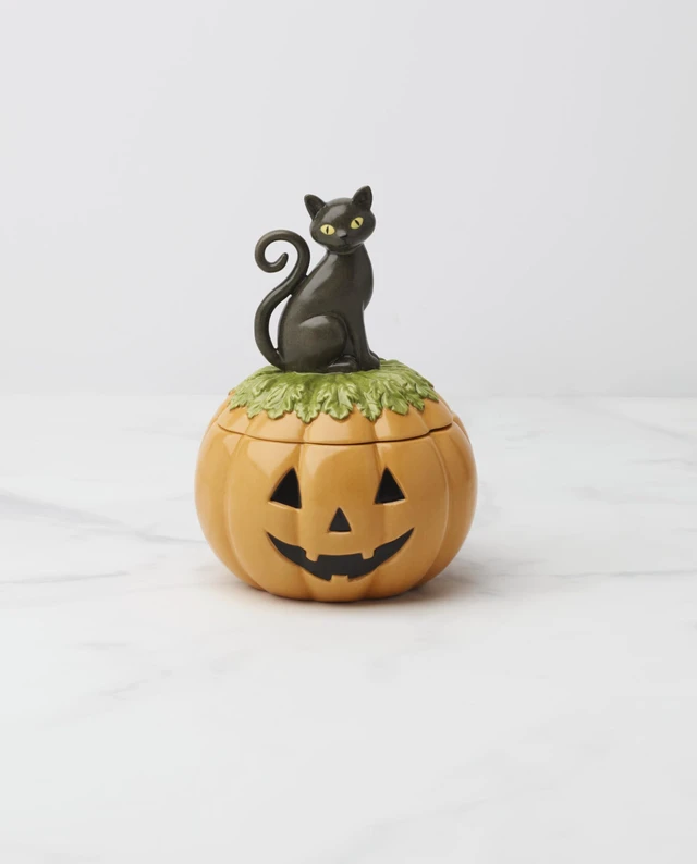 Alt view image 3 of 6 - Lenox Haunted Halloween Gothic Candy Jar | porcelain, 26oz storage, hand wash only | black cat and pumpkin design | gothic halloween kitchen decor
