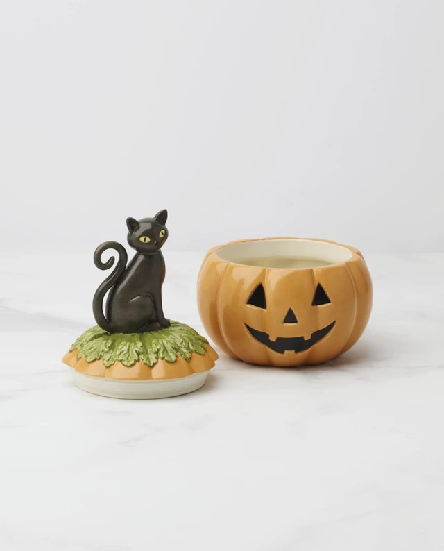 Alt view image 5 of 6 - Lenox Haunted Halloween Gothic Candy Jar | porcelain, 26oz storage, hand wash only | black cat and pumpkin design | gothic halloween kitchen decor