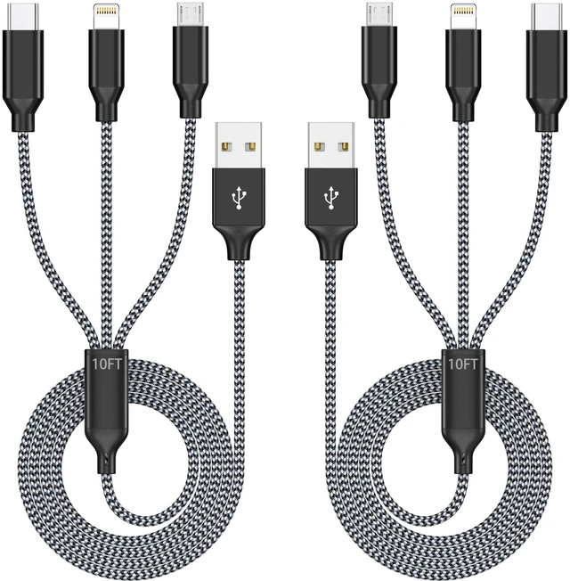 Main image of Long 3 in 1 Multi Charging Cable 10ft 2Pack,MFi Certified fast charger cord | charging cords for multiple devices with L Port, Type C,Micro USB for iPhone 17-5, Android and Travel Essentials