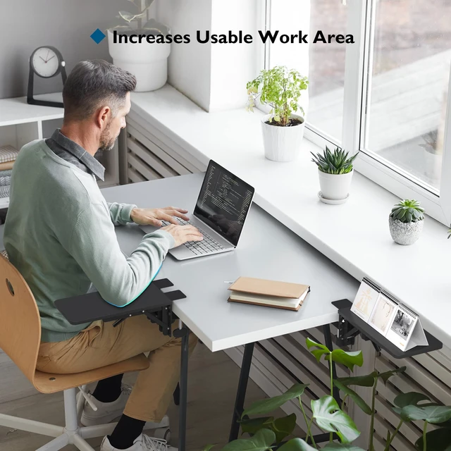 Alt view image 2 of 7 - Desk Extender Tray, 11.8 x 5.9 Inch, Black Carbon Fiber | 90° Foldable Elbow Support, Table Mount Arm Wrist Rest Shelf, Clamp on Computer Arm Rest, Easy to Install, Office & Home Use