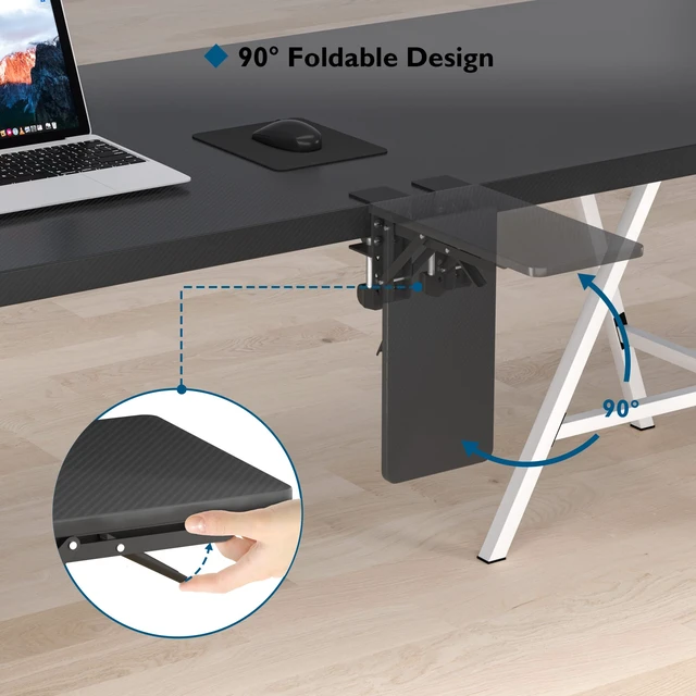 Alt view image 3 of 7 - Desk Extender Tray, 11.8 x 5.9 Inch, Black Carbon Fiber | 90° Foldable Elbow Support, Table Mount Arm Wrist Rest Shelf, Clamp on Computer Arm Rest, Easy to Install, Office & Home Use