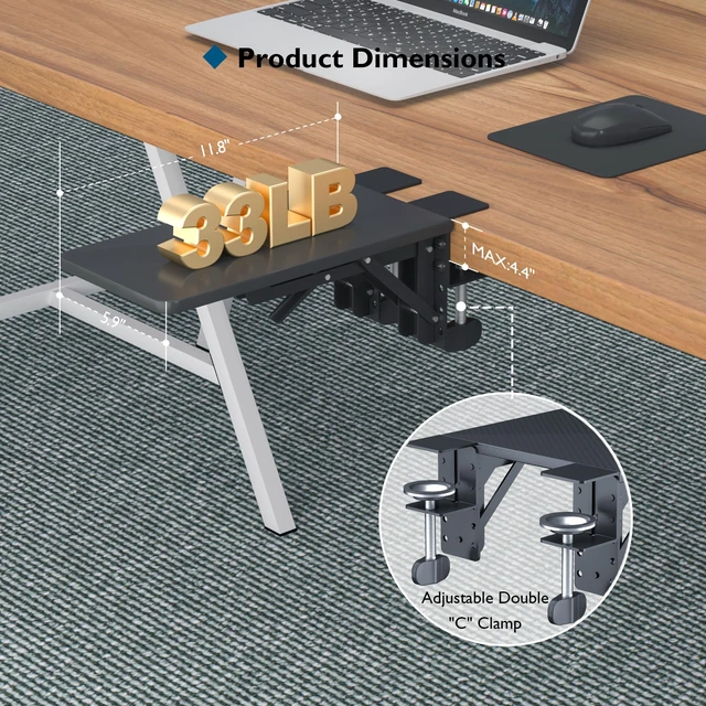 Alt view image 6 of 7 - Desk Extender Tray, 11.8 x 5.9 Inch, Black Carbon Fiber | 90° Foldable Elbow Support, Table Mount Arm Wrist Rest Shelf, Clamp on Computer Arm Rest, Easy to Install, Office & Home Use