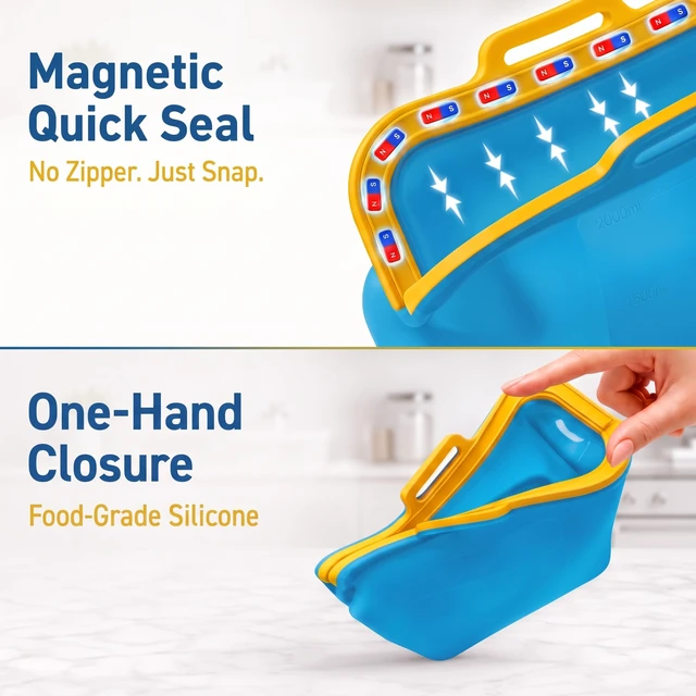 Alt view image 4 of 7 - Auto-Closing Magnetic Seal Reusable Silicone Food Storage Bags, 6-Cup / 50 oz Stand-Up Pouch, No Harsh Smells, for Lunch, Fruit, Meal Prep, School & Office, Dishwasher & Freezer Safe (1 Pack)